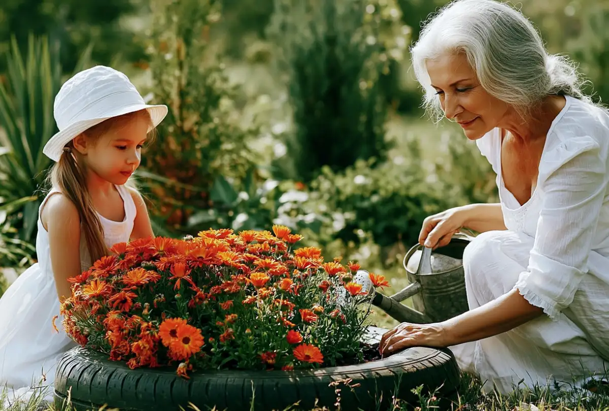 A grandmother gardening with her grandchild